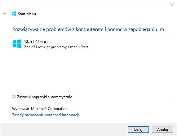 Narzędzie do rozwiązywania problemów z menu Start w Windows 10