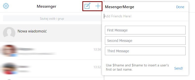 MessengerMerge - dodawanie osób do listy wiadomości
