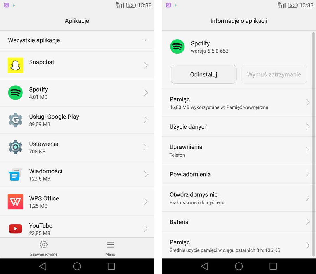 Spotify - ustawienia aplikacji w menedżera aplikacji Androida