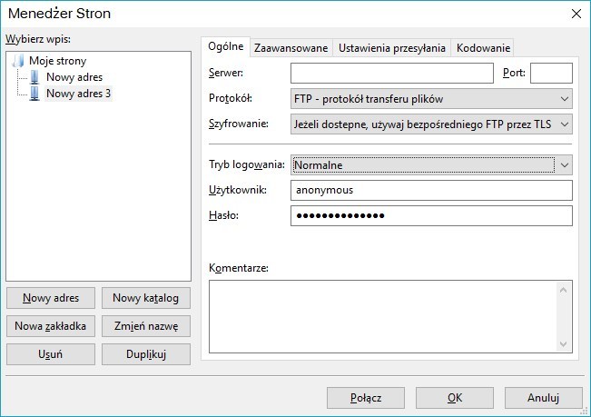 FileZilla - łączenie się z FTP