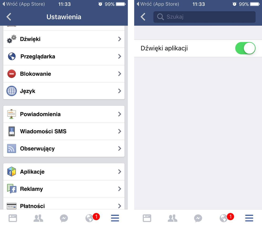 Facebook - wyłączanie dźwięku na iOS