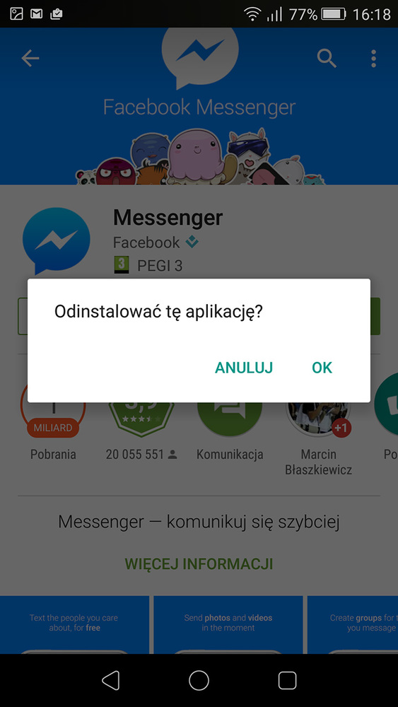 Usuwanie aplikacji Messenger
