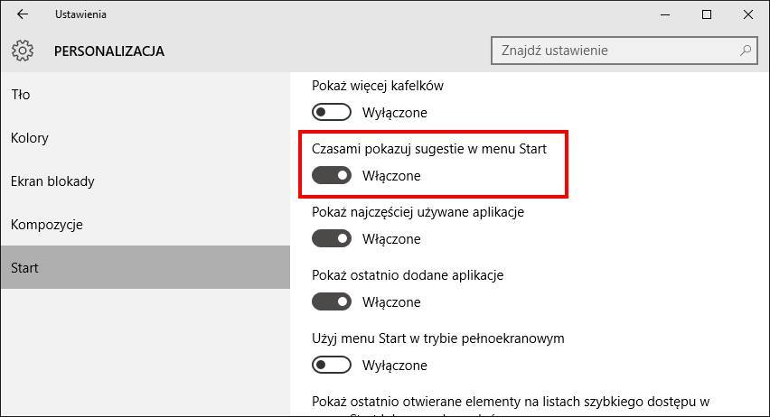 Wyłączanie sugestii aplikacji w Windows 10
