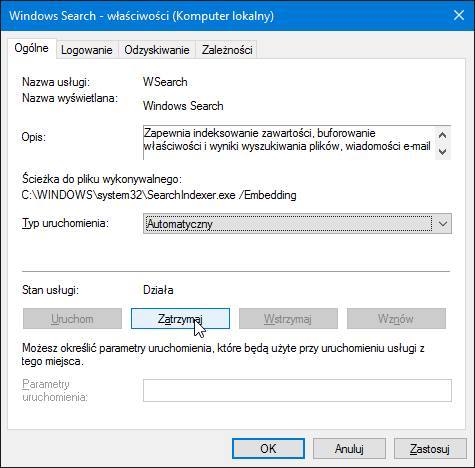 Ustawienia usługi Windows Search