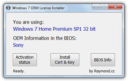 Windows 7 OEM License Installer - interfejs programu