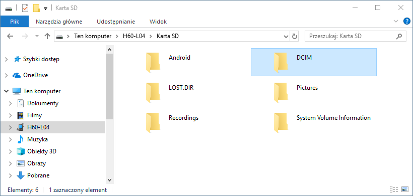 Folder DCIM ze zdjęciami po połączeniu USB