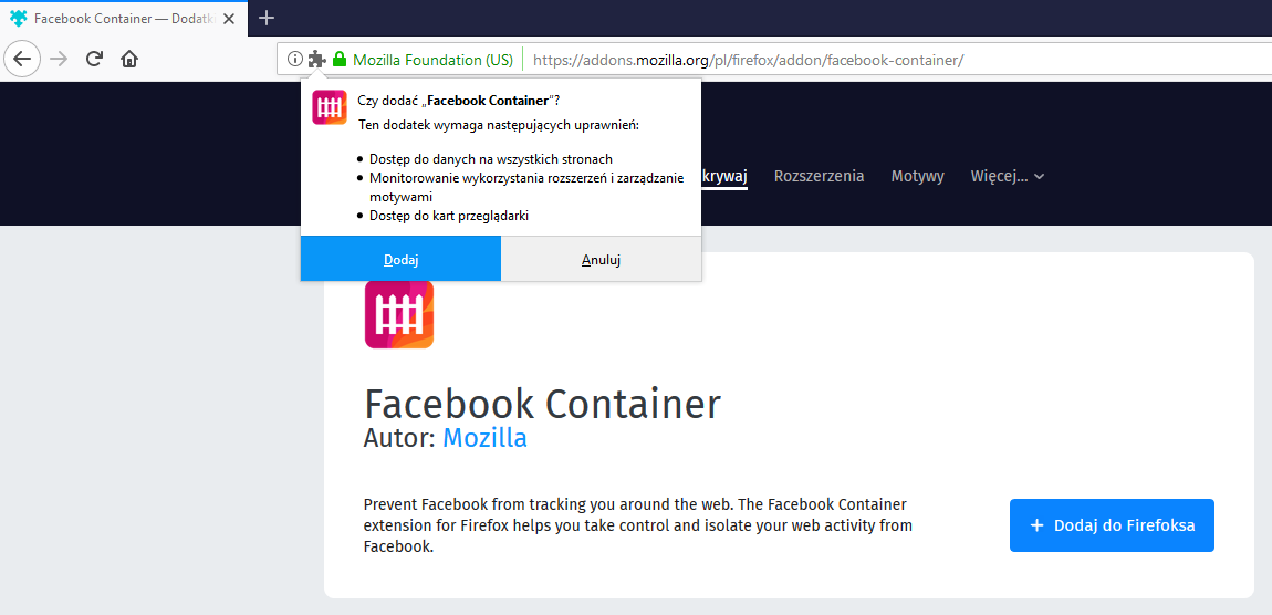 Zainstaluj Facebook Container