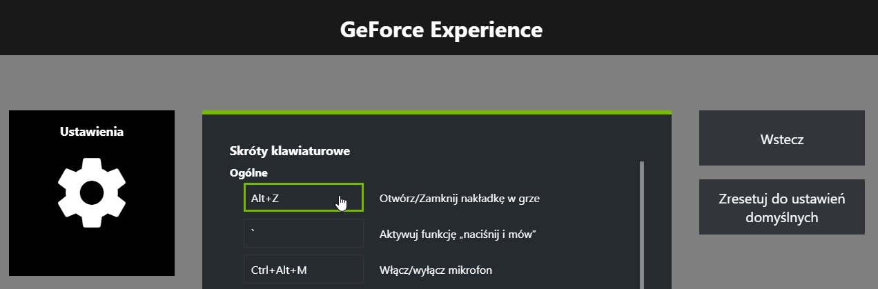 Zmień skrót klawiszy nakładki GeForce Experience