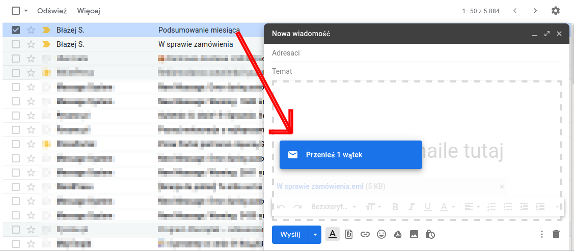 Przeciągnij kolejną wiadomość jako załącznik w Gmailu