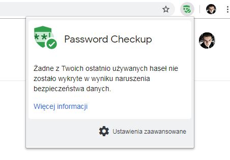 Informacja o tym, że hasła są bezpieczne - Password Checkup