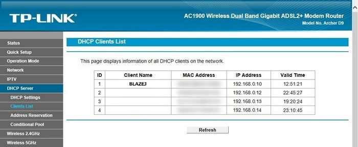 Lista klientów DHCP w ustawieniach routera TP-Link