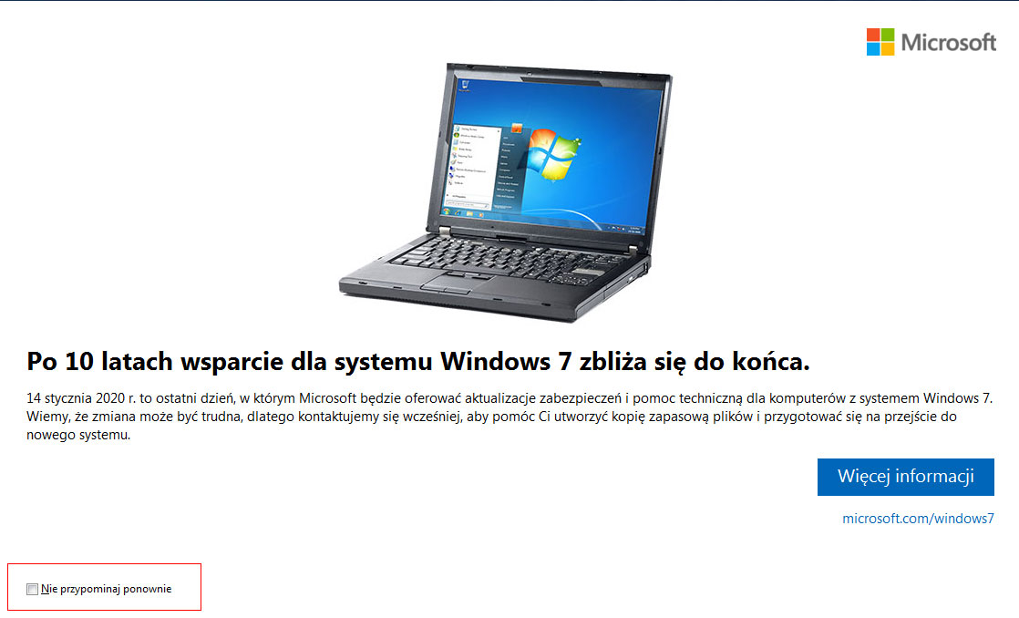 Ukryj powiadomienie o zakończeniu wsparcia w Windows 7