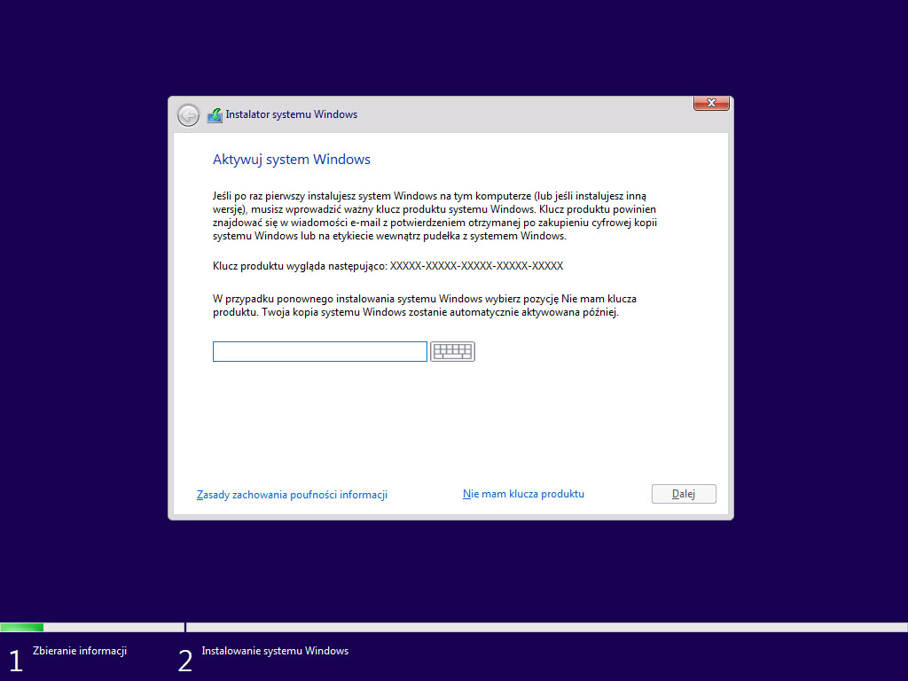 Aktywuj system Windows 10 podczas instalacji
