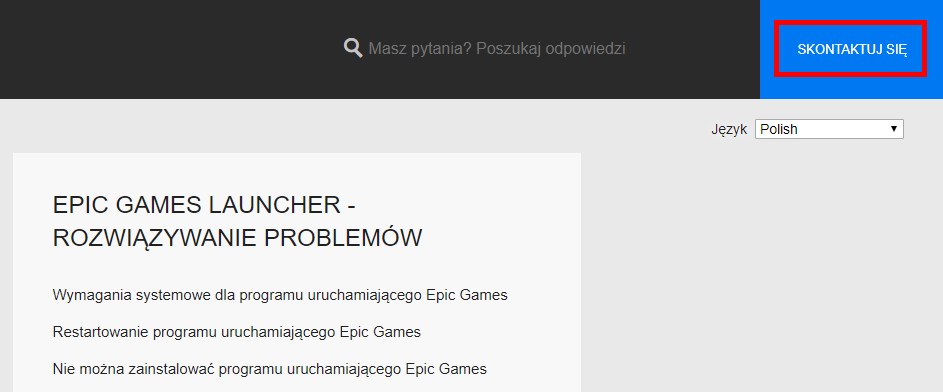 Wybierz opcję kontaktu w dziale pomocy Epic Games
