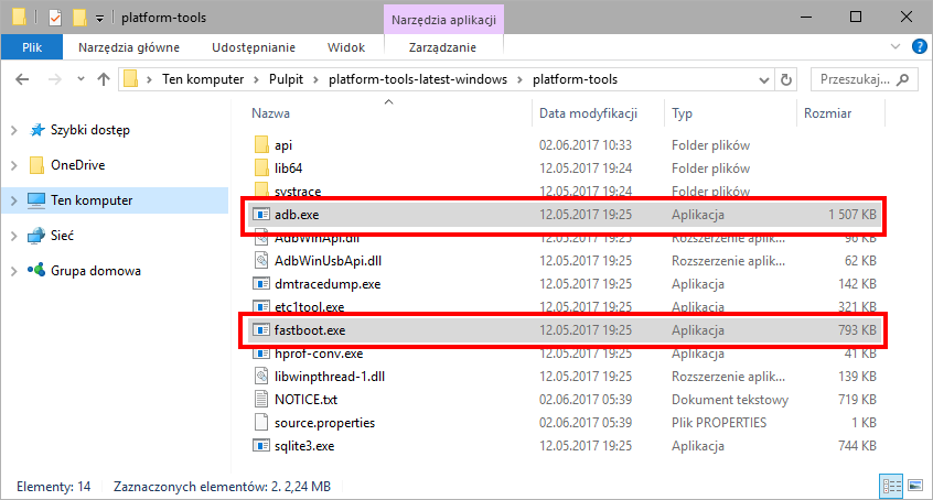 Folder Platform-Tools z plikami ADB i Fastboot