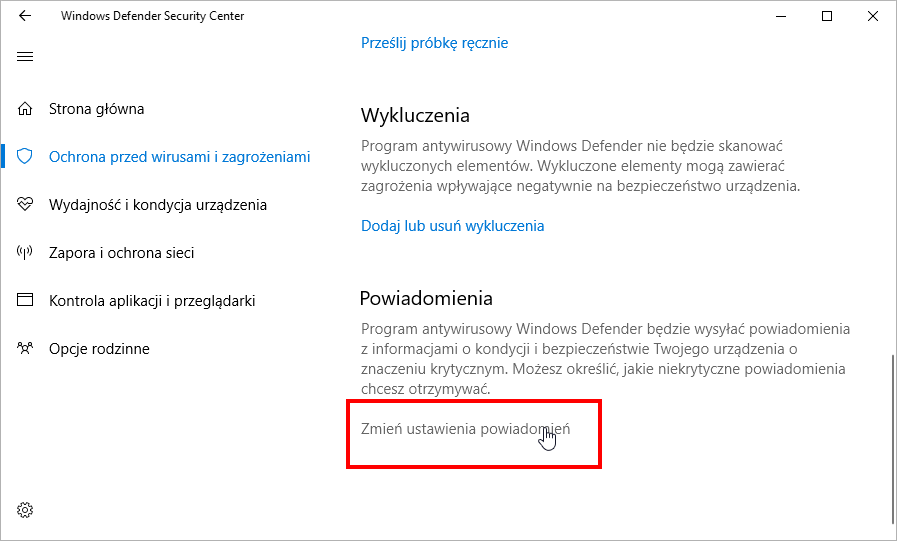 Przejdź do opcji powiadomień Defendera w Windows 10 Creators Update