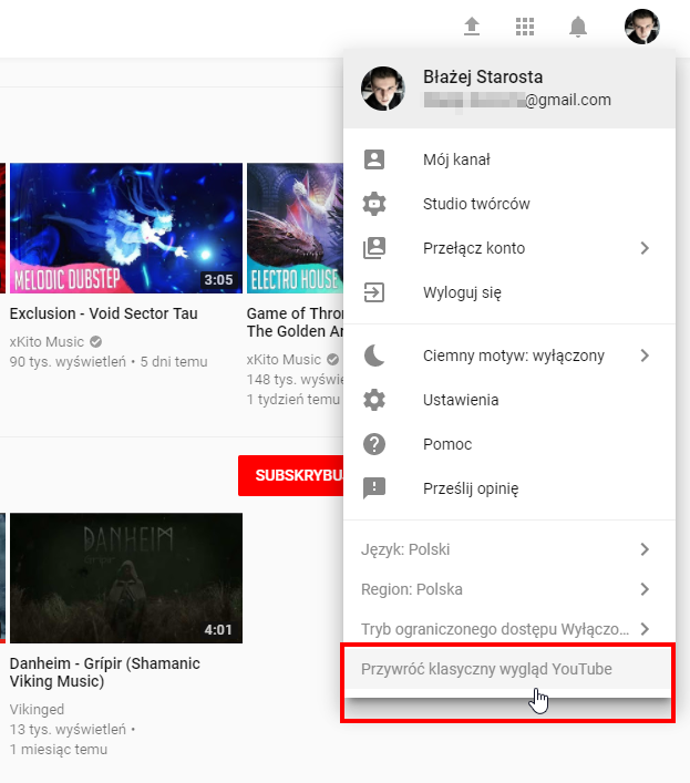 Wybierz opcję przywracania starego wyglądu YouTube w menu użytkownika