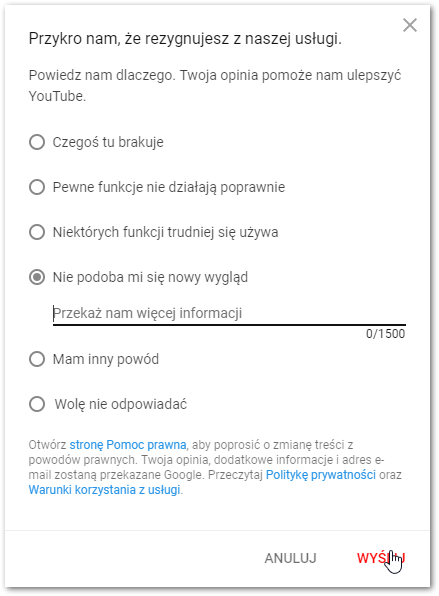 Rezygnacja z nowego wyglądu YouTube