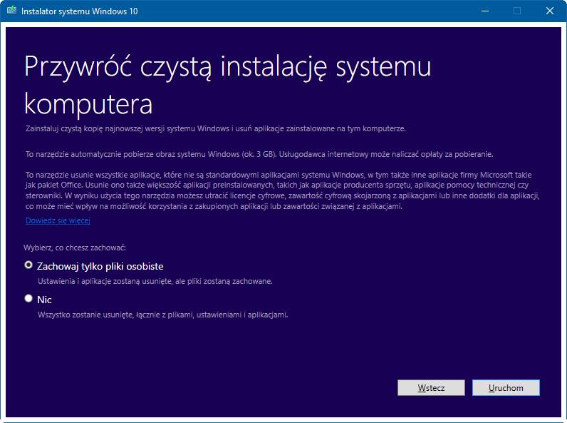 Ustawienia przywracania czystej instalacji Windows 10
