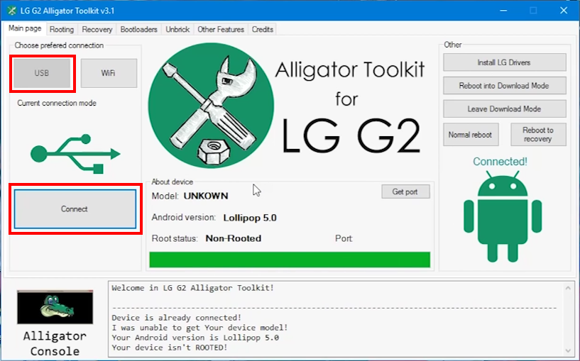 Podłącz telefon do LG G2 Alligator Toolkit