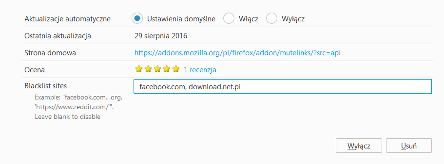 Firefox - opcje MuteLinks