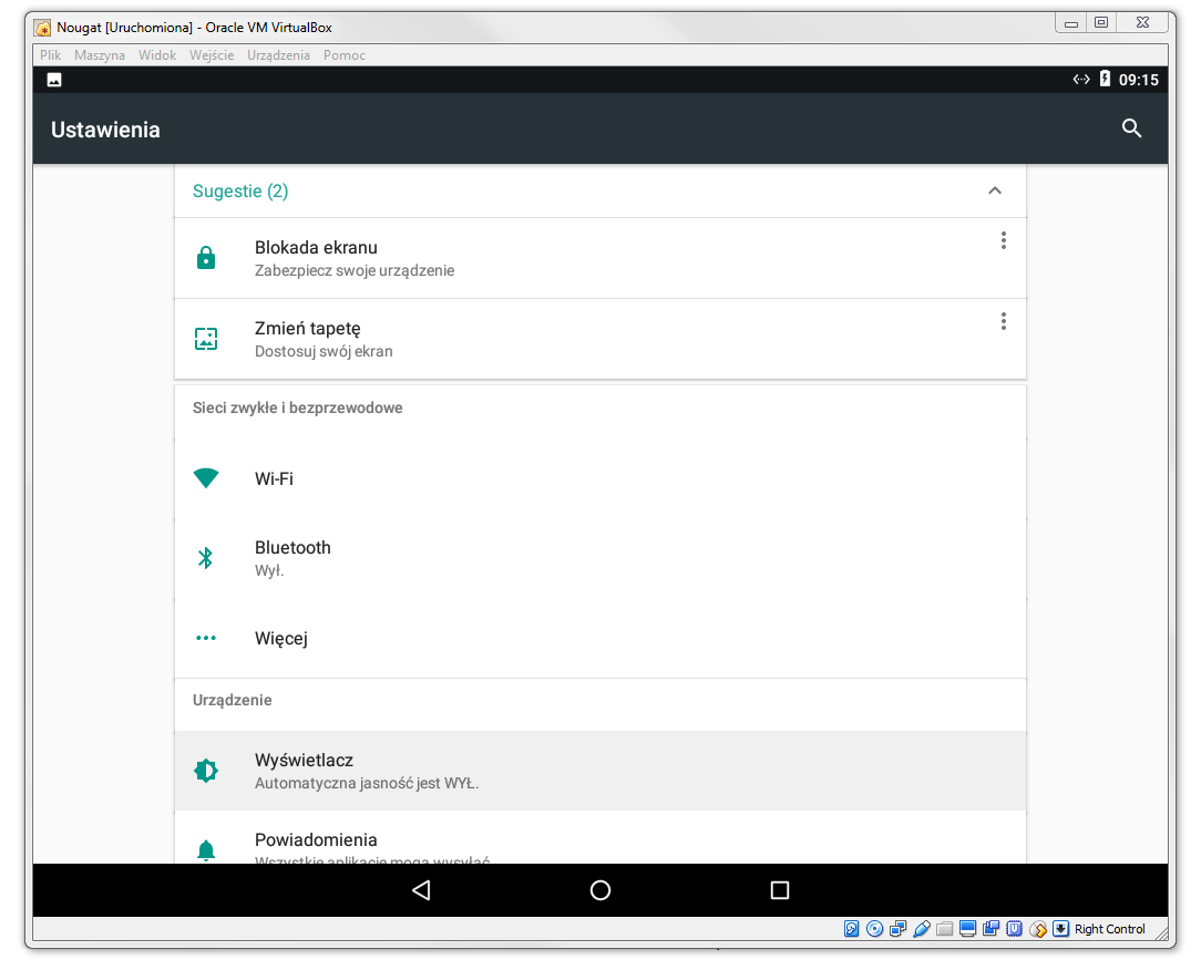 Android Nougat uruchomiony w VirtualBox po polsku
