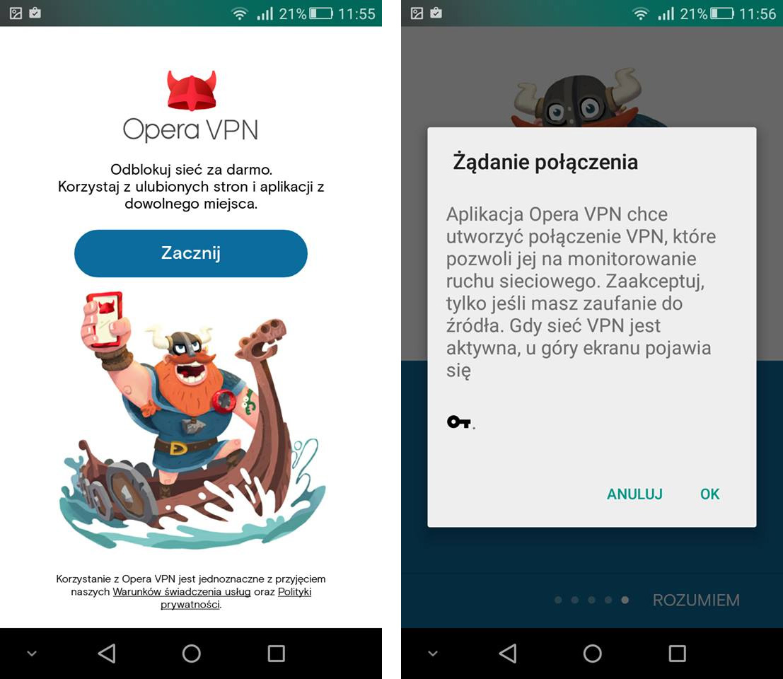 Opera VPN - pierwsze uruchomienie