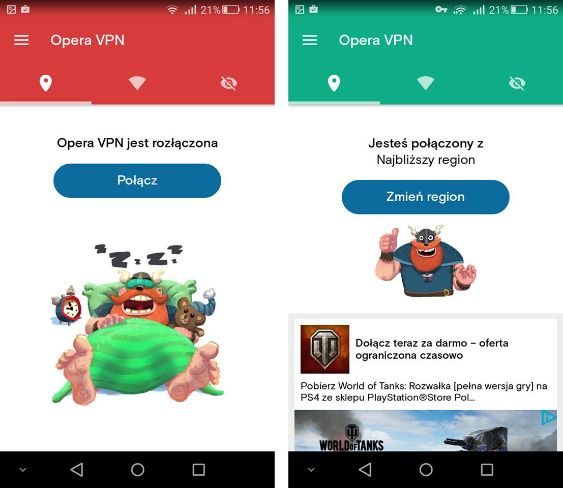 Opera VPN - połączenie i wybranie regionu VPN