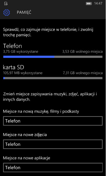 Ustawienia pamięci w Windows 10 Mobile