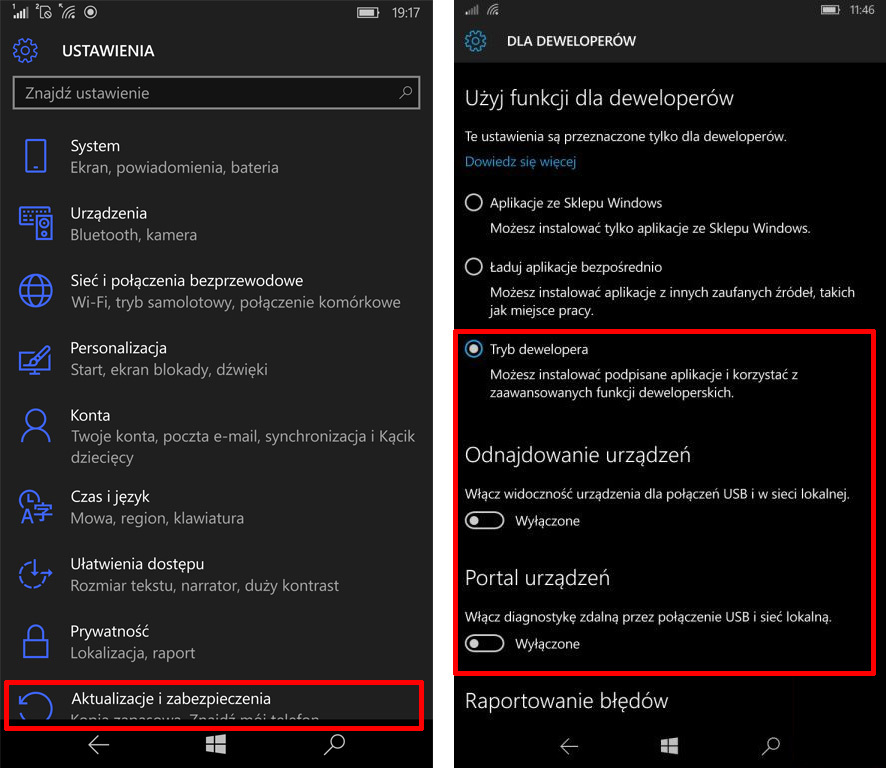Windows 10 Mobile - tryb dewelopera