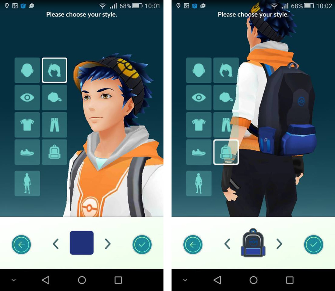 Ekran zmiany wyglądu postaci w Pokemon GO