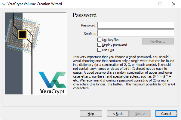 VeraCrypt - wpisz hasło do szyfrowania