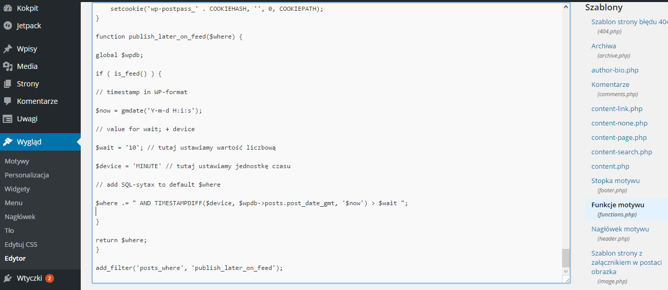 Doklejanie kodu do functions.php