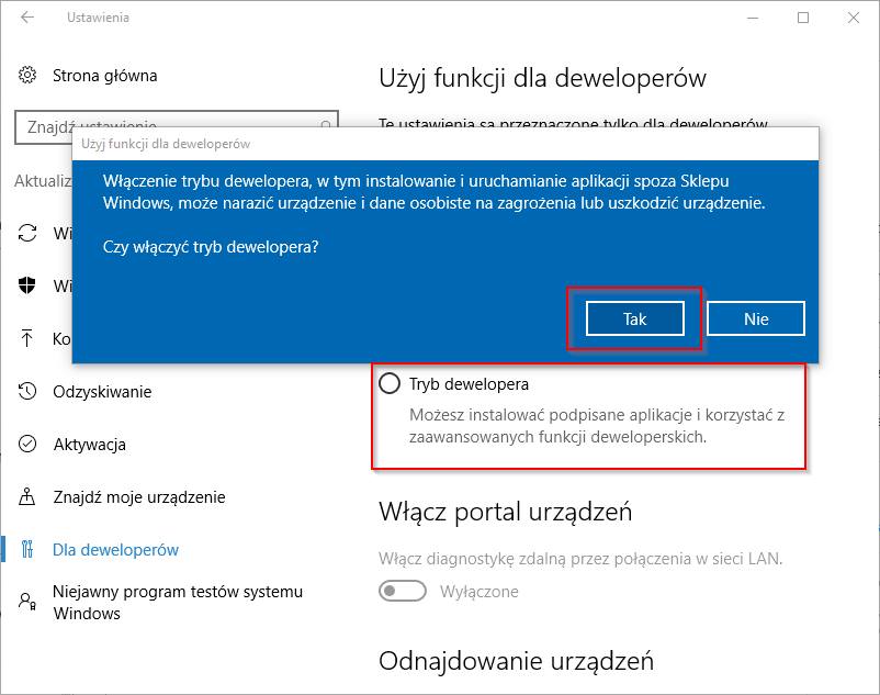 Włącz tryb dewelopera w Windows 10