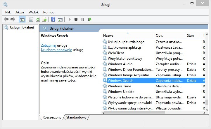 Lista usług w Windowsie 8