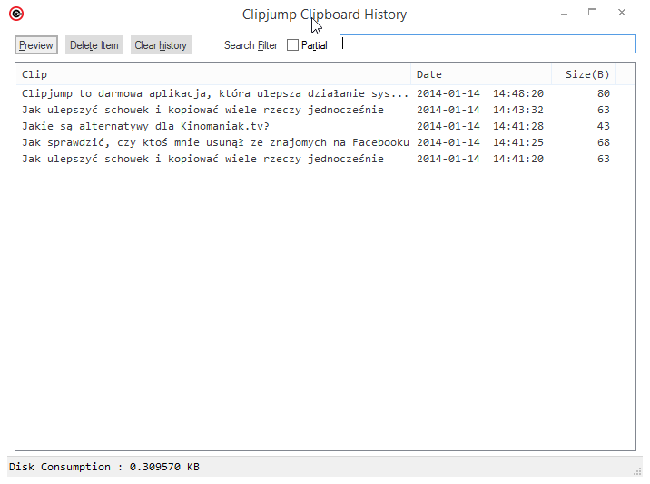 Okno z historią skopiowanych elementów w Clipjump