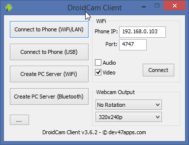 DroidCam Client - połączenie przez WiFi