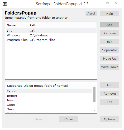 Ustawienia FoldersPopup