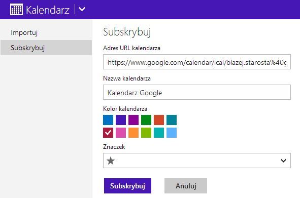 Subskrypcja naszego kalendarza Google w Outlooku