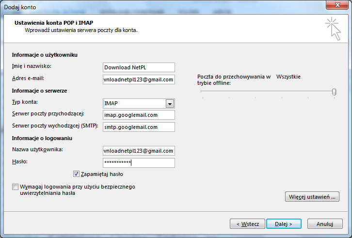 Ręczne ustawienia konta IMAP w  Outlooku 2013 dla Gmail