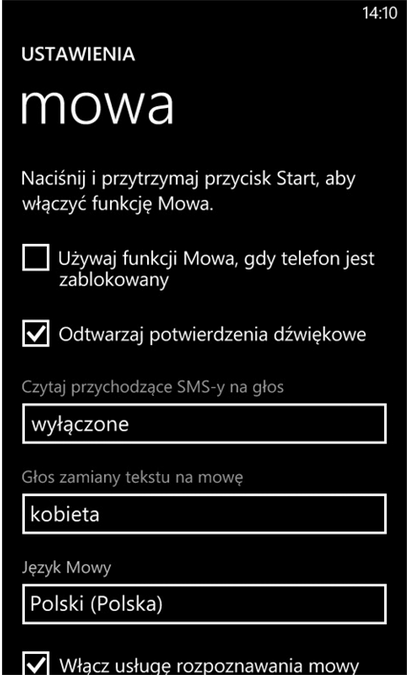 Ustawienia mowy w Windows Phone