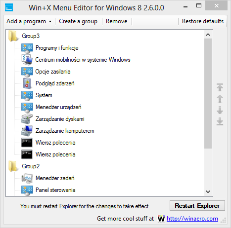 Win+X Menu Editor - główne okno programu