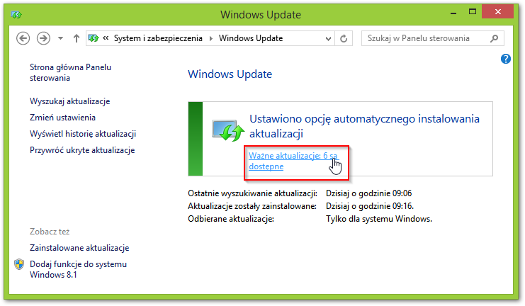 Windows Update w Panelu sterowania