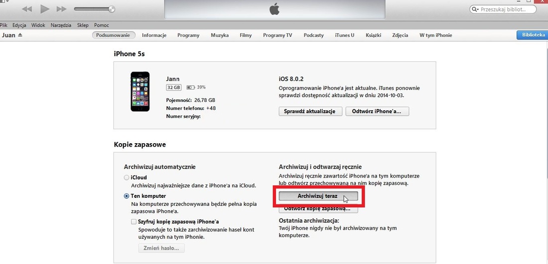 Kopia zapasowa iPhone'a w iTunes