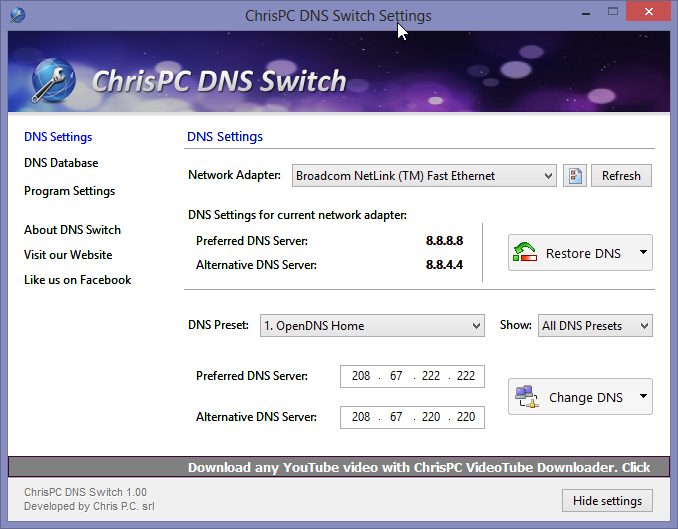 Główny interfejs ChrisPC DNS Switch
