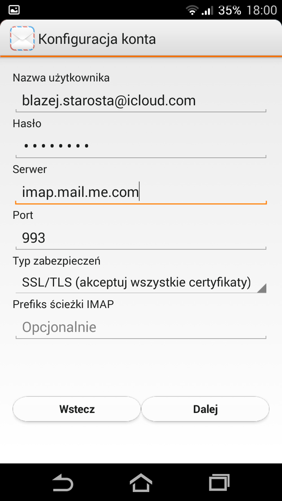 iCloud na Androidzie - ustawienia IMAP