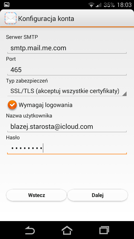 iCloud na Androidzie - konfiguracja SMTP