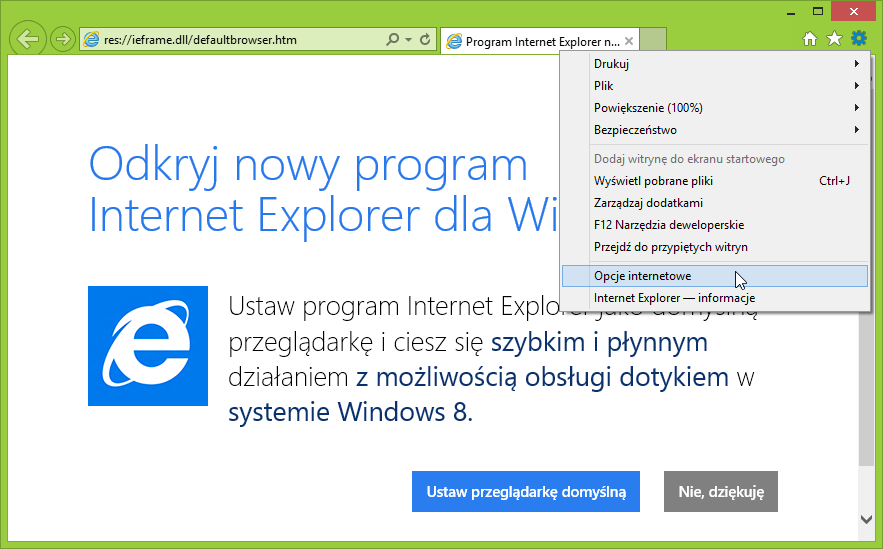 Przejście do opcji internetowych w Internet Explorer
