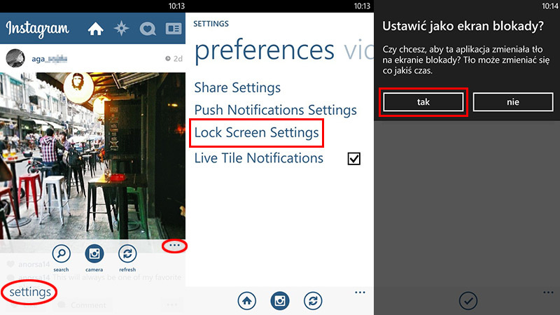 Przejście do ustawień Instagramu w Windows Phone 8
