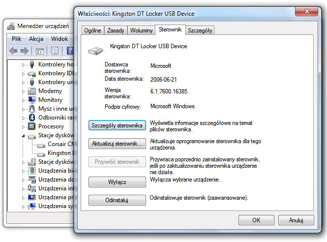 Właściwości pendrive'a i opcje sterownika w Windows 7